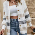 Striped Fuzzy Knit Button-Up Cardigan Khaki Color