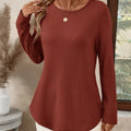 Plus Size Casual Waffle Knit Long Sleeve T-Shirt Rust