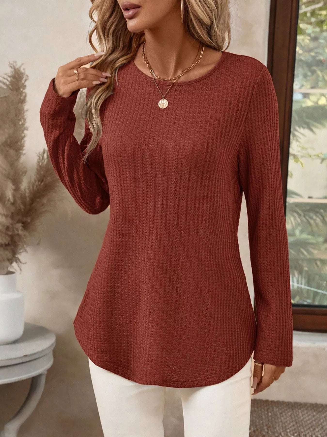 Plus Size Casual Waffle Knit Long Sleeve T-Shirt Rust