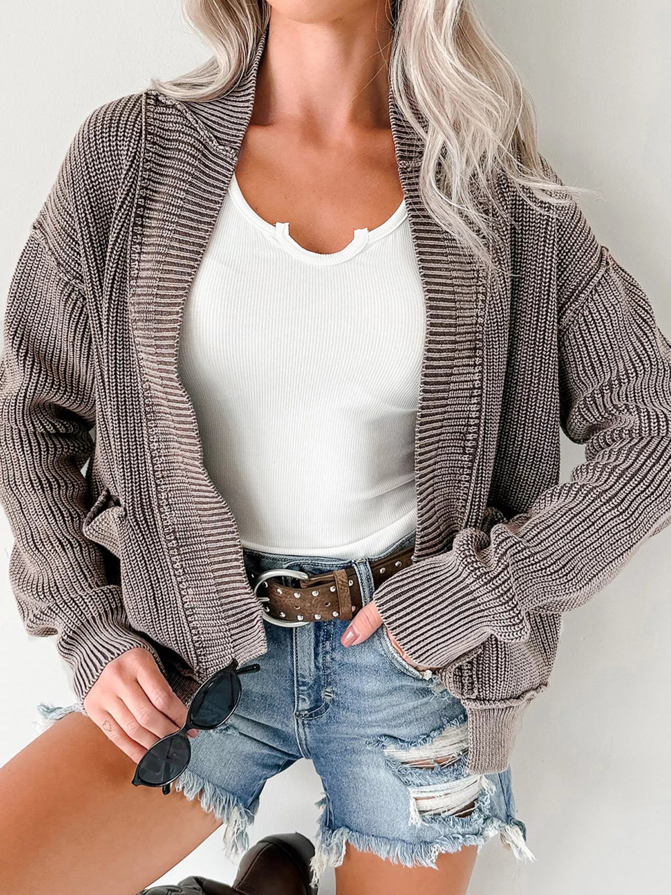 Mineral Wash Exposed Seam Patchwork Knit Open Sweater Cardigan