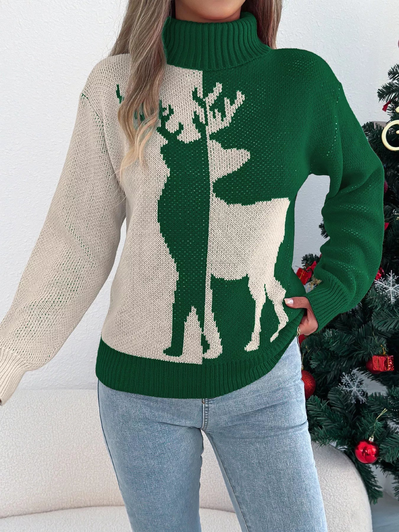 Christmas Reindeer Turtleneck Sweater Green