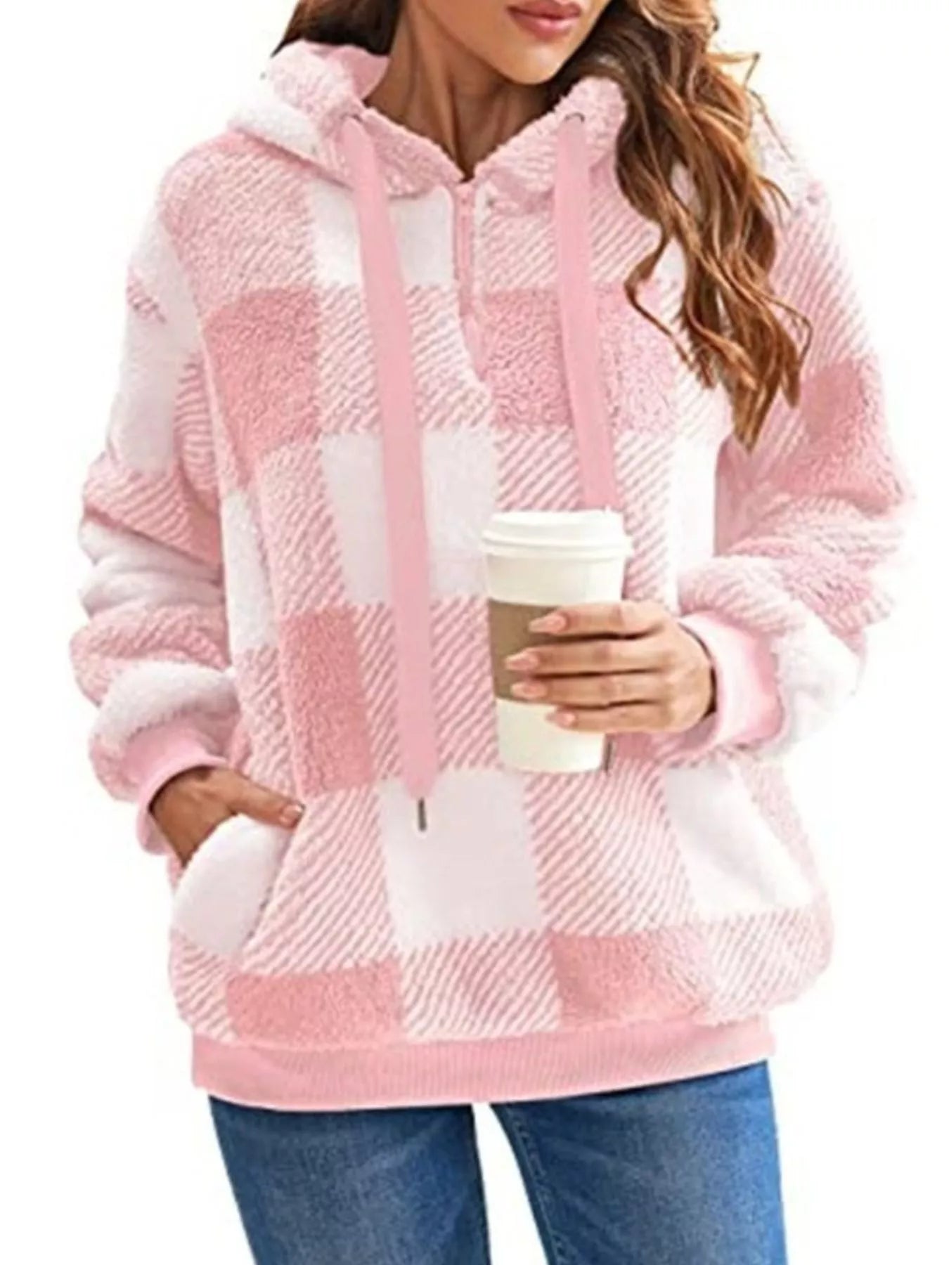 Full Size Plaid Sherpa Drawstring Hoodie Plus Size Pink