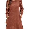 Ribbed Knit Puff Sleeve Casual Mini Dress