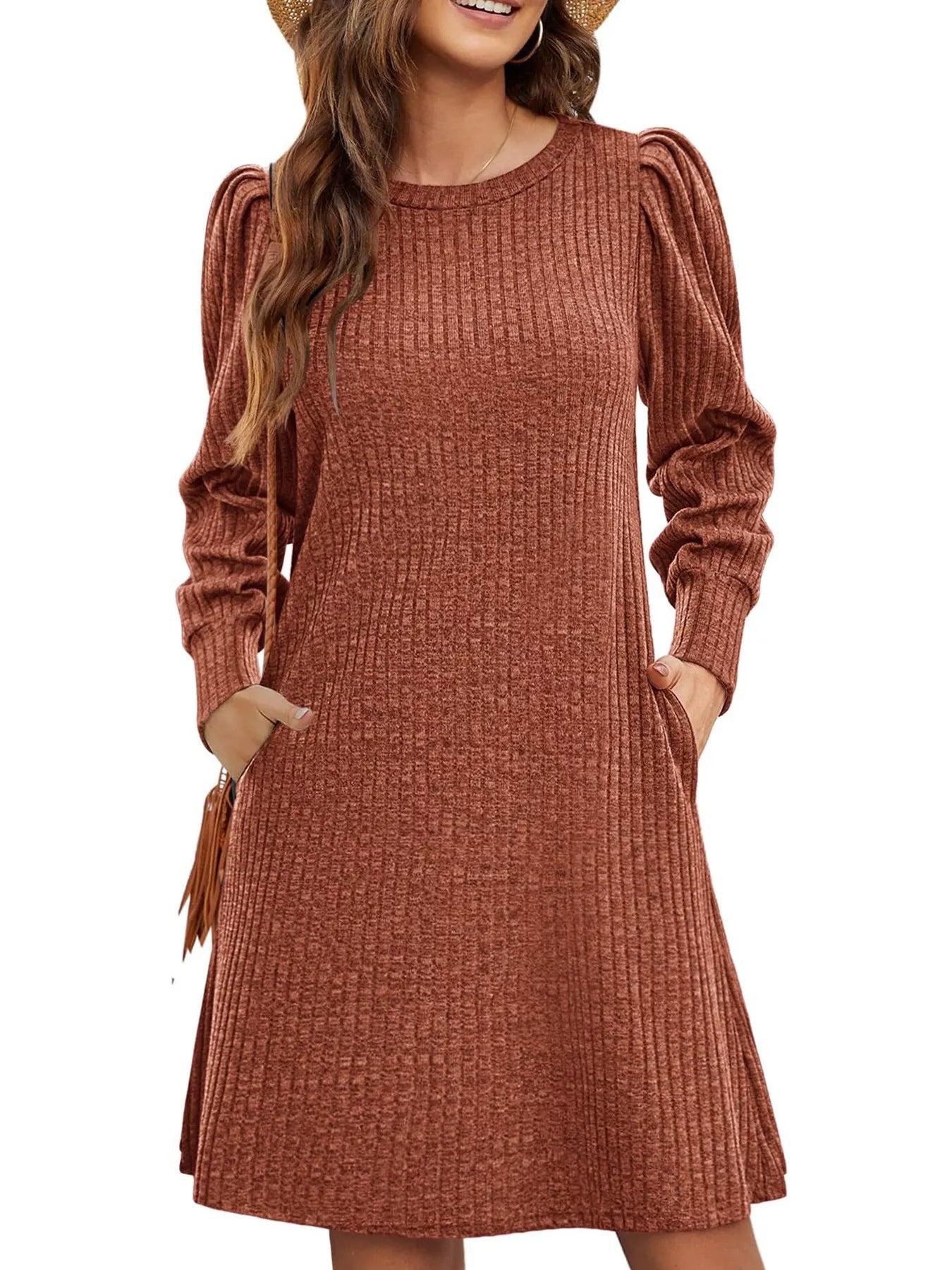 Ribbed Knit Puff Sleeve Casual Mini Dress