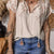 Geometric Embroidered Short Sleeve Tassel Tie Neck Blouse Beige