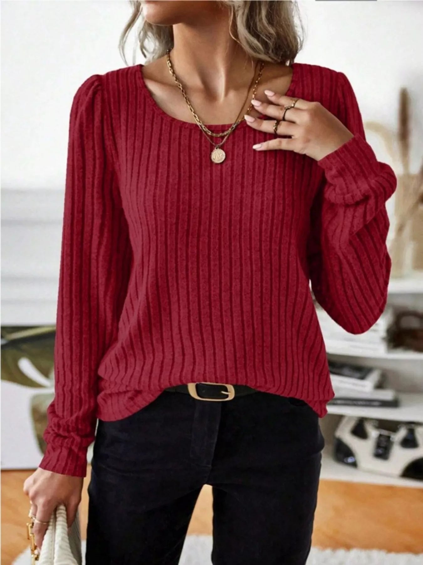 Ribbed Knit Long Sleeve T-Shirt Red
