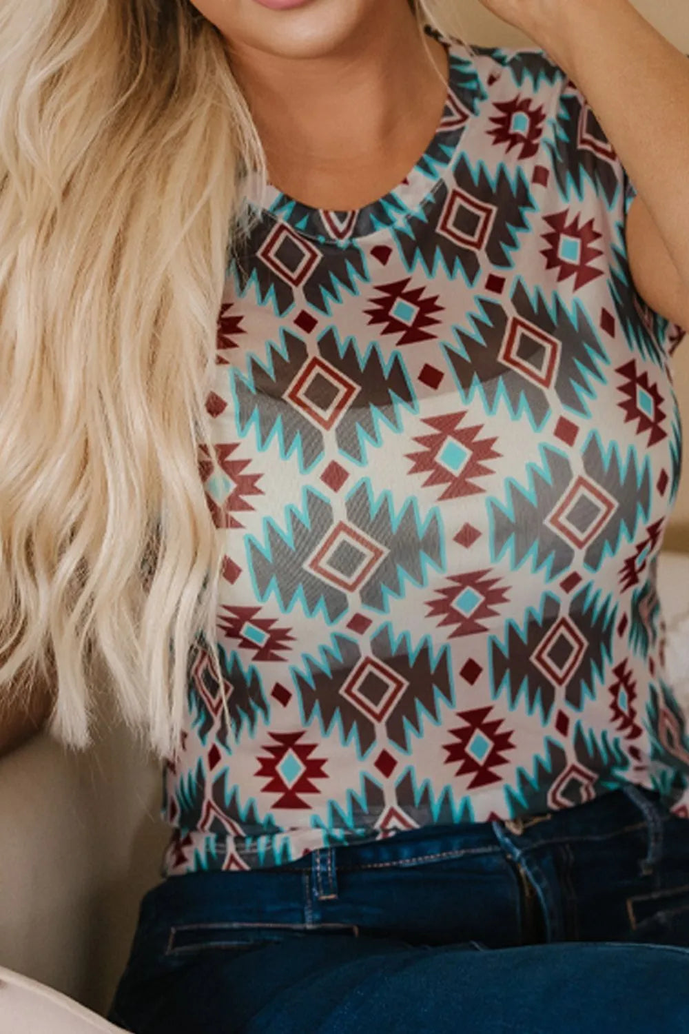 Western Aztec Print Mesh Slim T Shirt