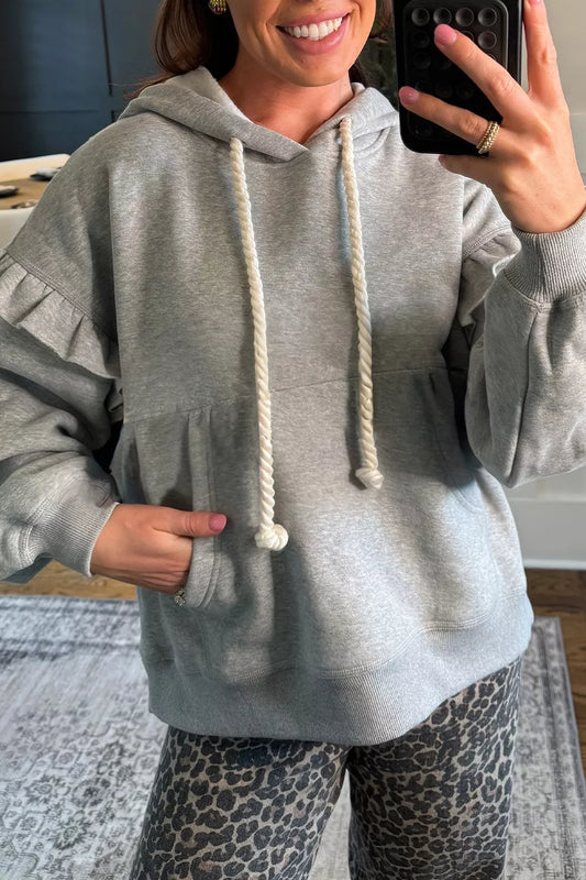 Ruffled Drawstring Long Sleeve Hoodie Gray