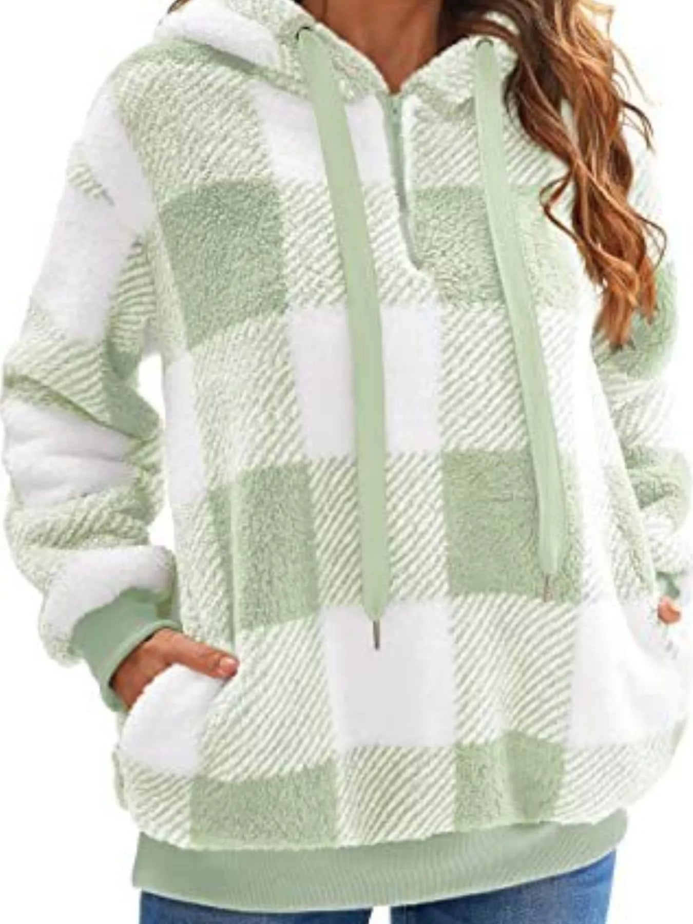 Full Size Plaid Sherpa Drawstring Hoodie Plus Size
