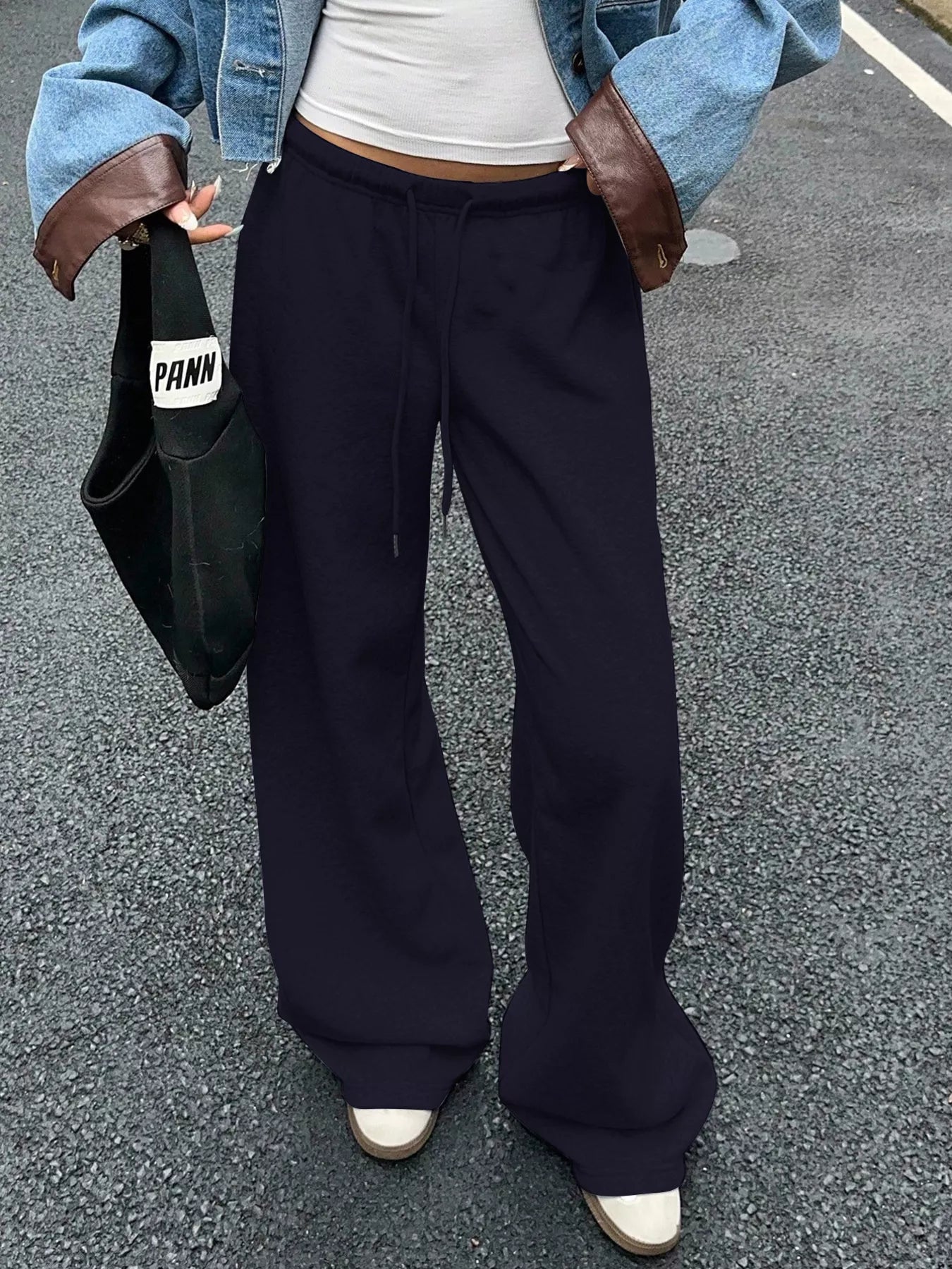 Wide Leg Drawstring Sweatpants Navy