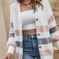 Striped Fuzzy Knit Button-Up Cardigan