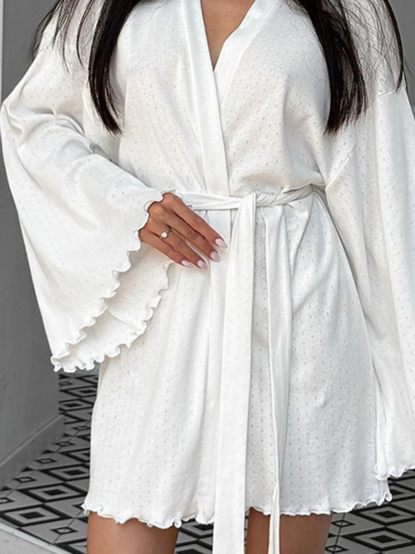 Tie Waist Kimono Sleeve Lounge Nightgown White