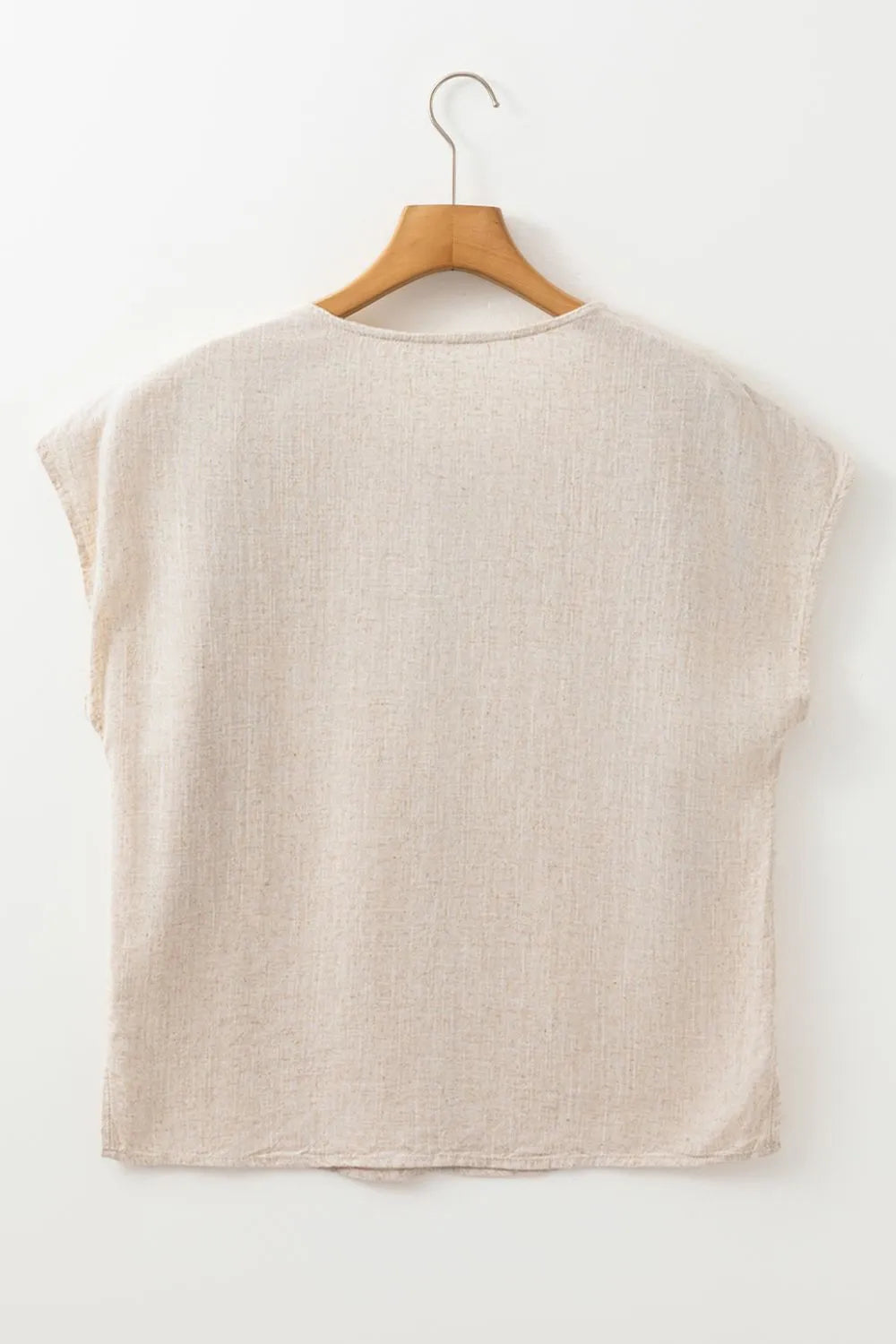 Geometric Embroidered Short Sleeve Tassel Tie Neck Blouse