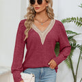 Lace Detail V-Neck Ribbed Blouse Brick Red