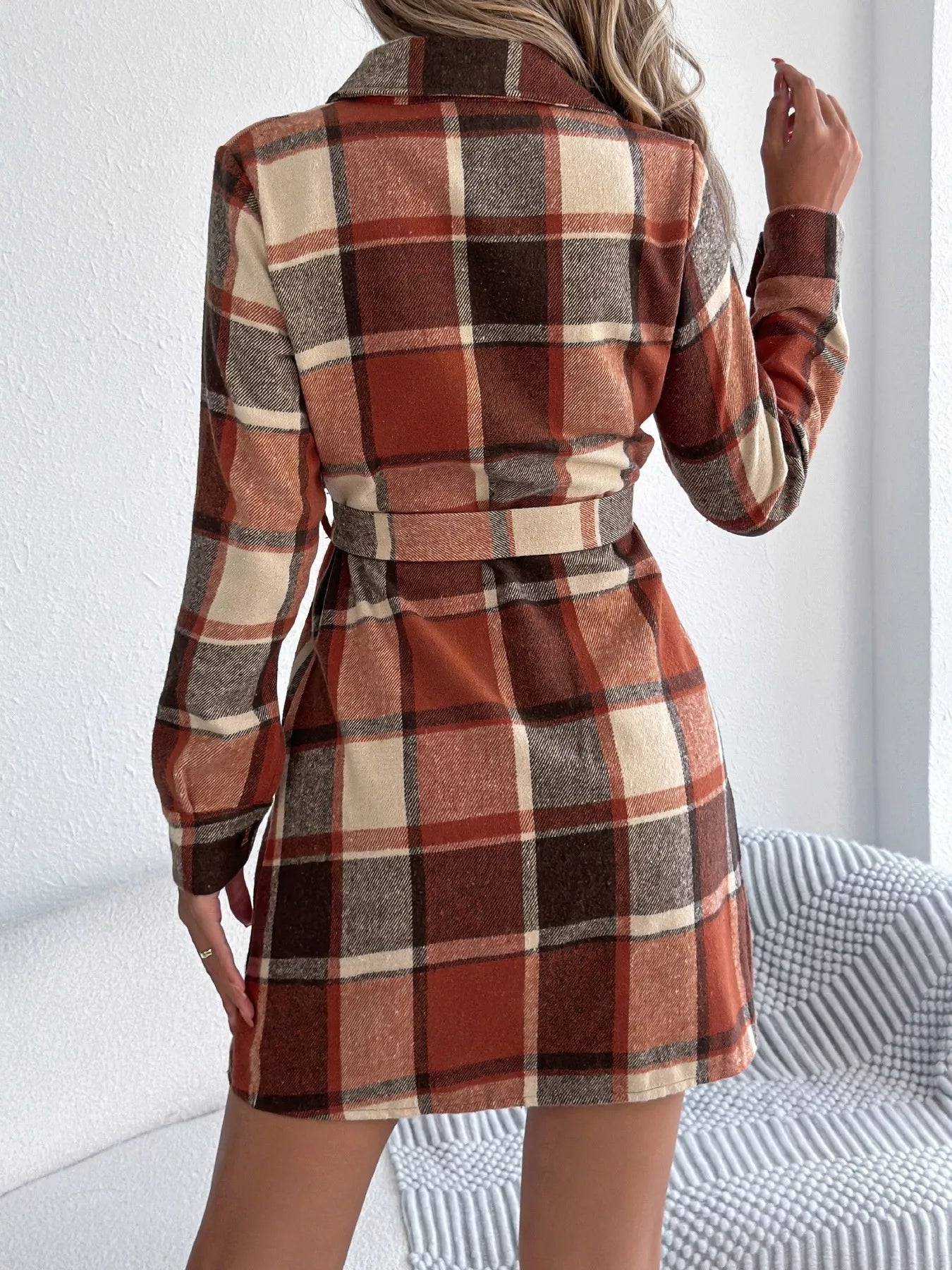 Plaid Button Front Tie Waist Shirt Dress