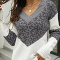 Leopard V-Neck Long Sleeve Sweater Grey