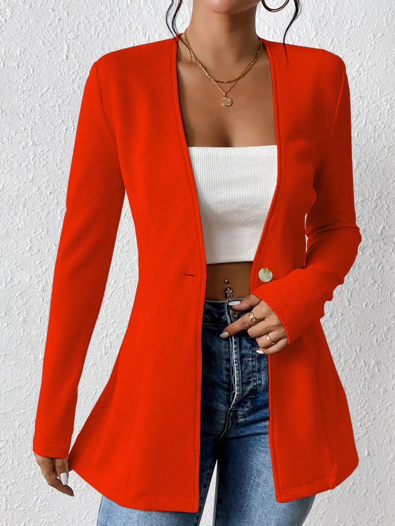 Single-Button Long Sleeve Blazer Red