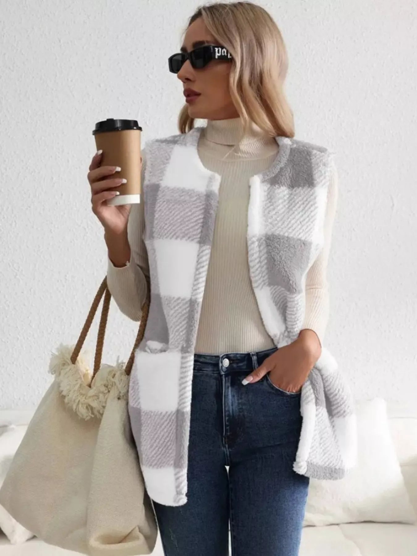 Cozy Plaid Sherpa Vest Coat