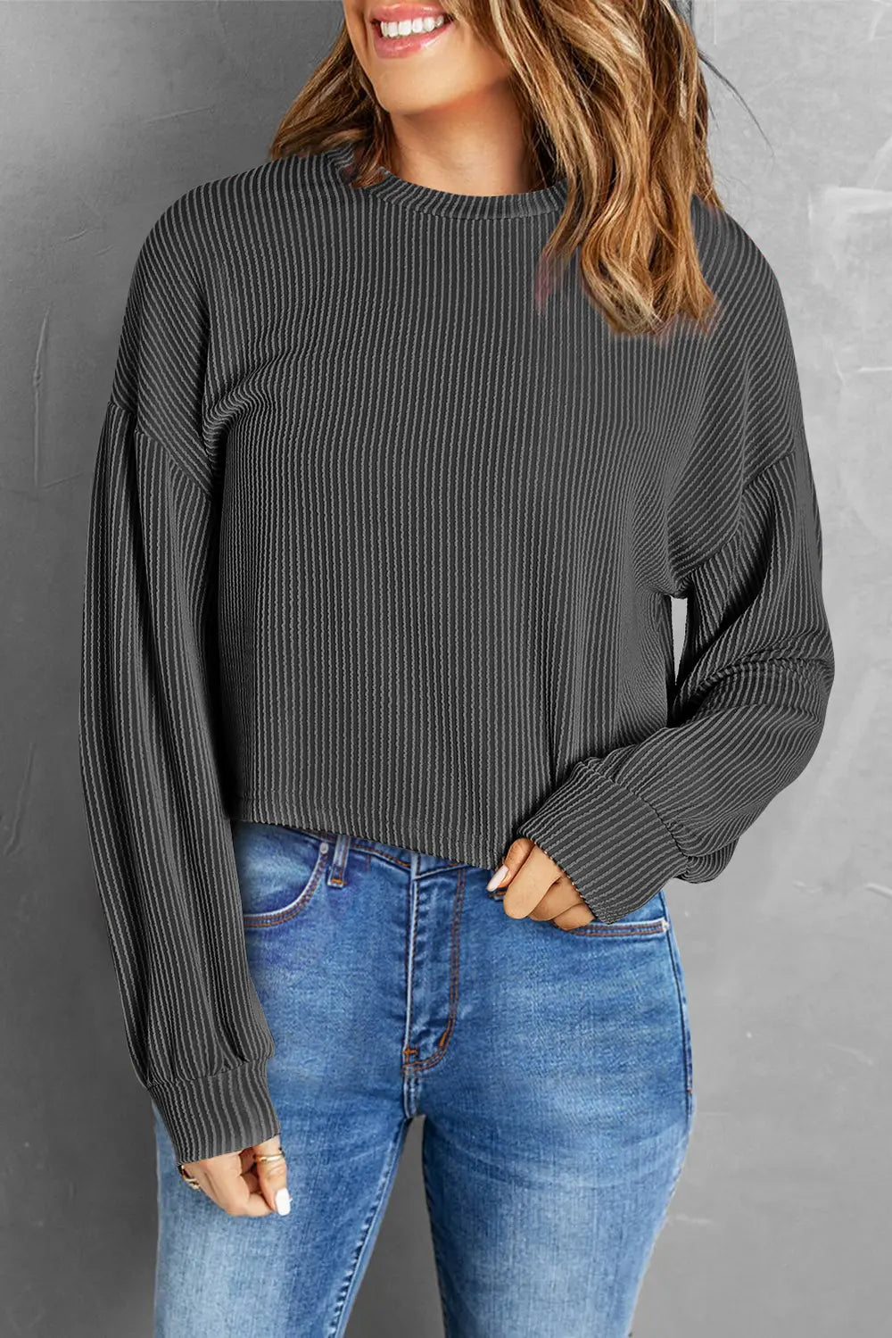Round Neck Drop Shoulder Long Sleeve Top Black