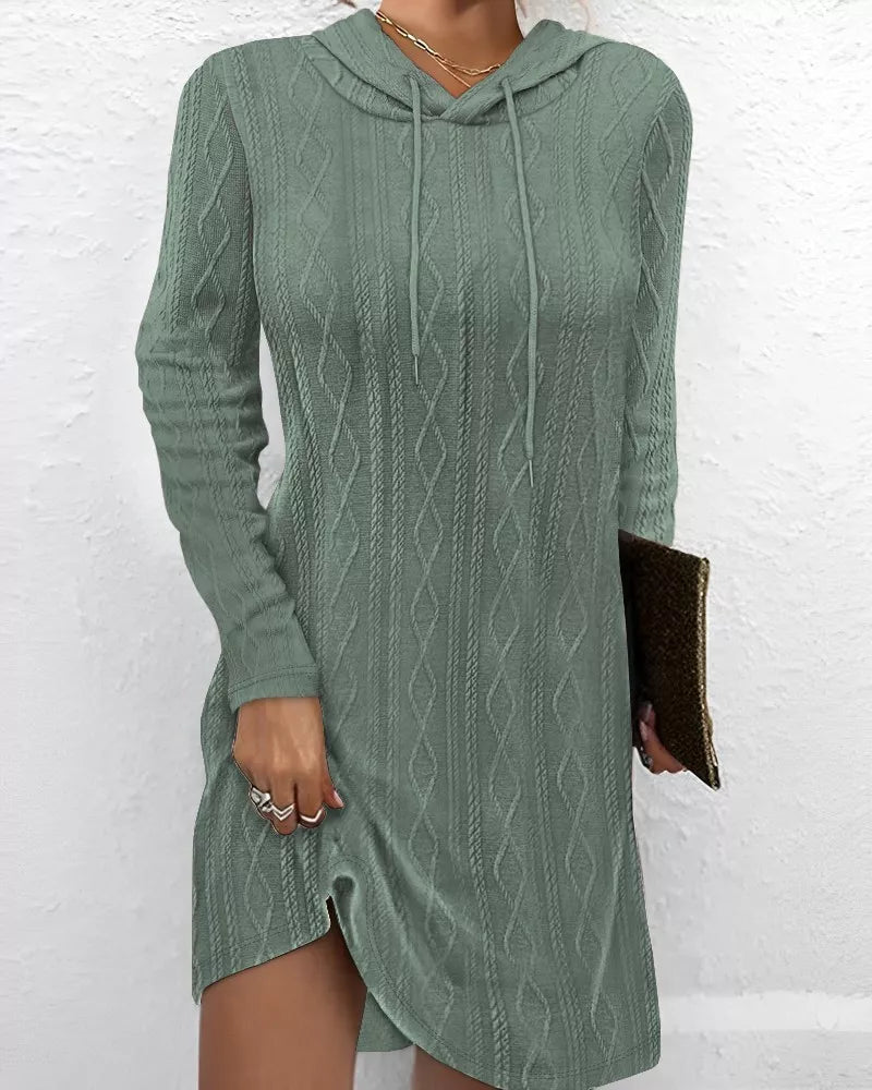 Casual Long Sleeve Hooded Knit Dress Sage