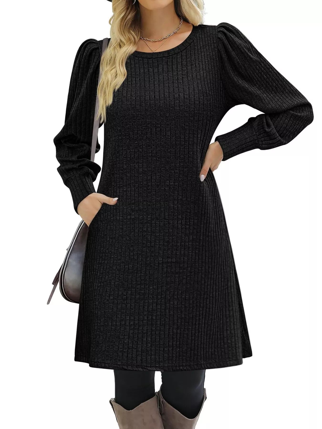 Ribbed Knit Puff Sleeve Casual Mini Dress
