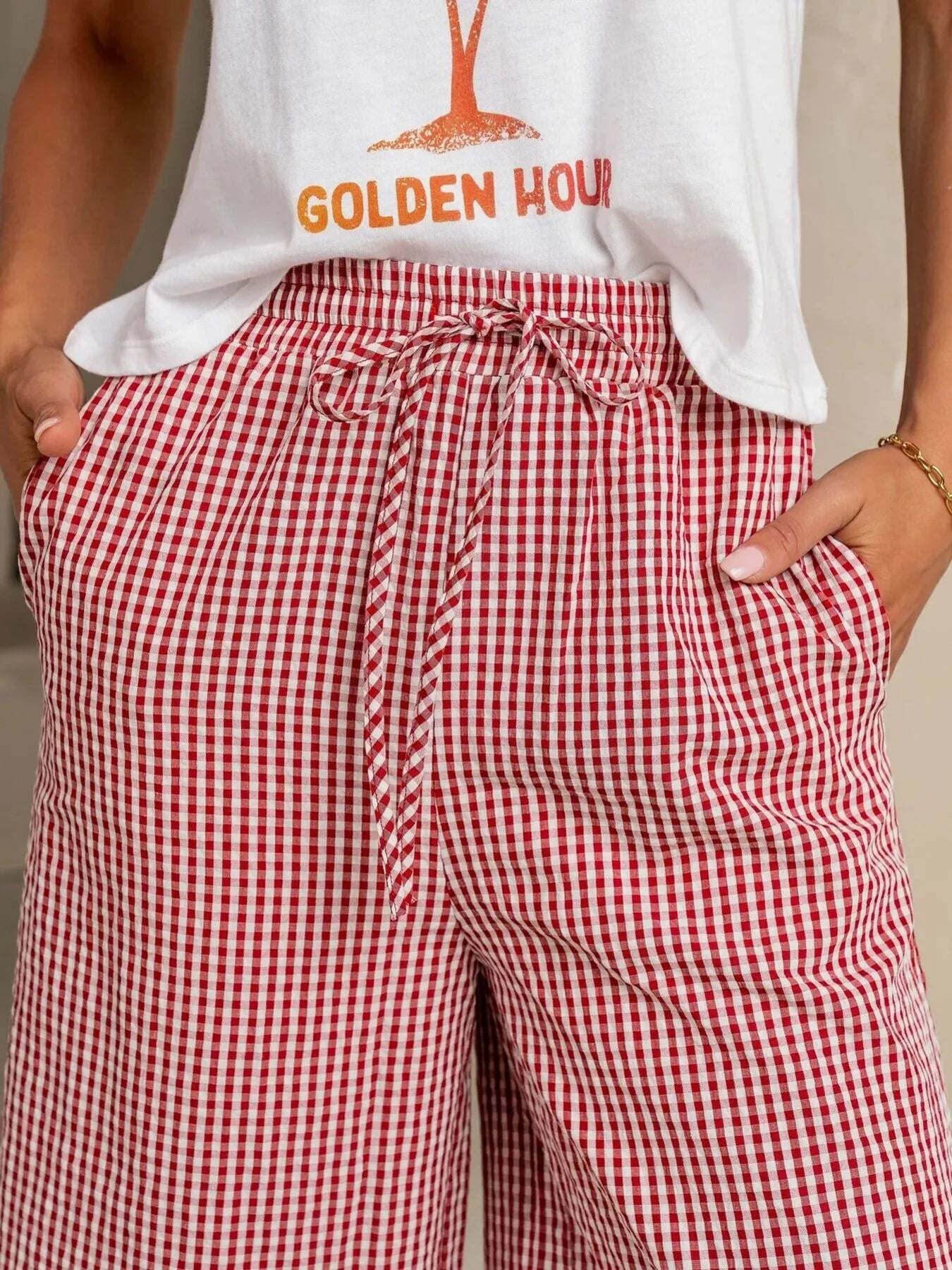 Gingham Print Wide Leg Casual Pants