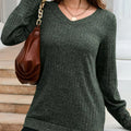 V-Neck Textured Knit Long Sleeve T-Shirt