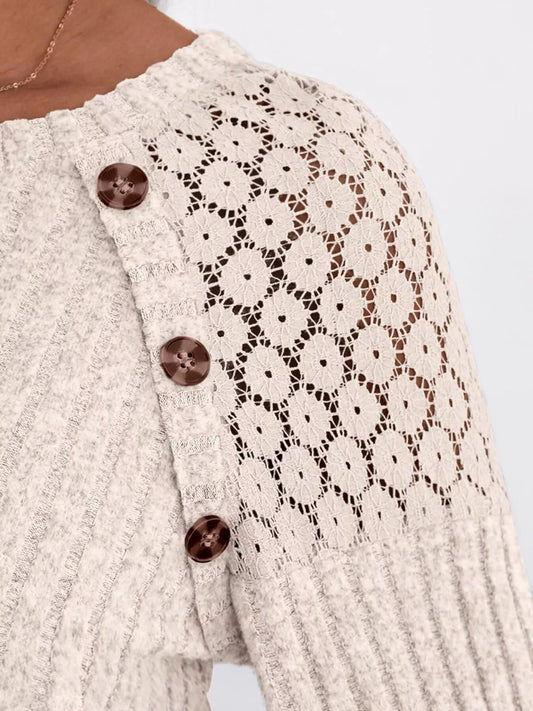 Ribbed Knit T-Shirt with Lace Shoulder Detail