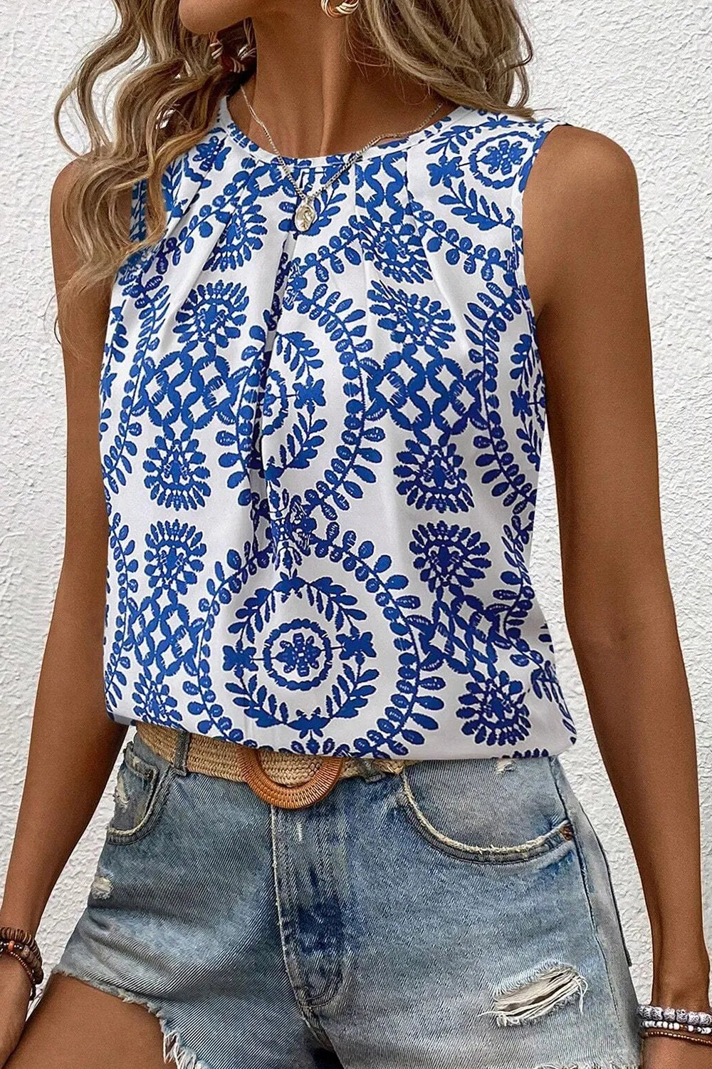 Printed Crew Neck Sleeveless Top Blue