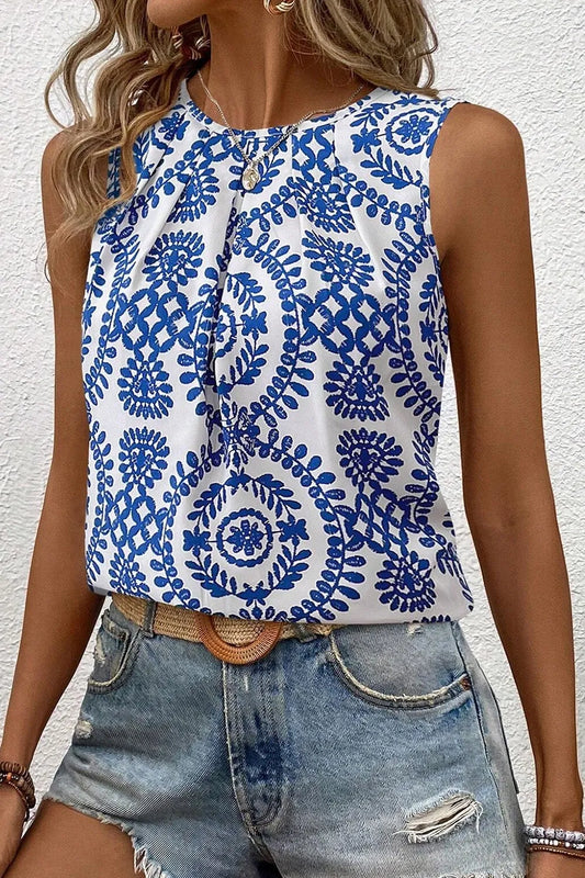 Printed Crew Neck Sleeveless Top Blue
