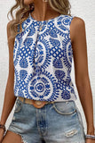 Printed Crew Neck Sleeveless Top Blue