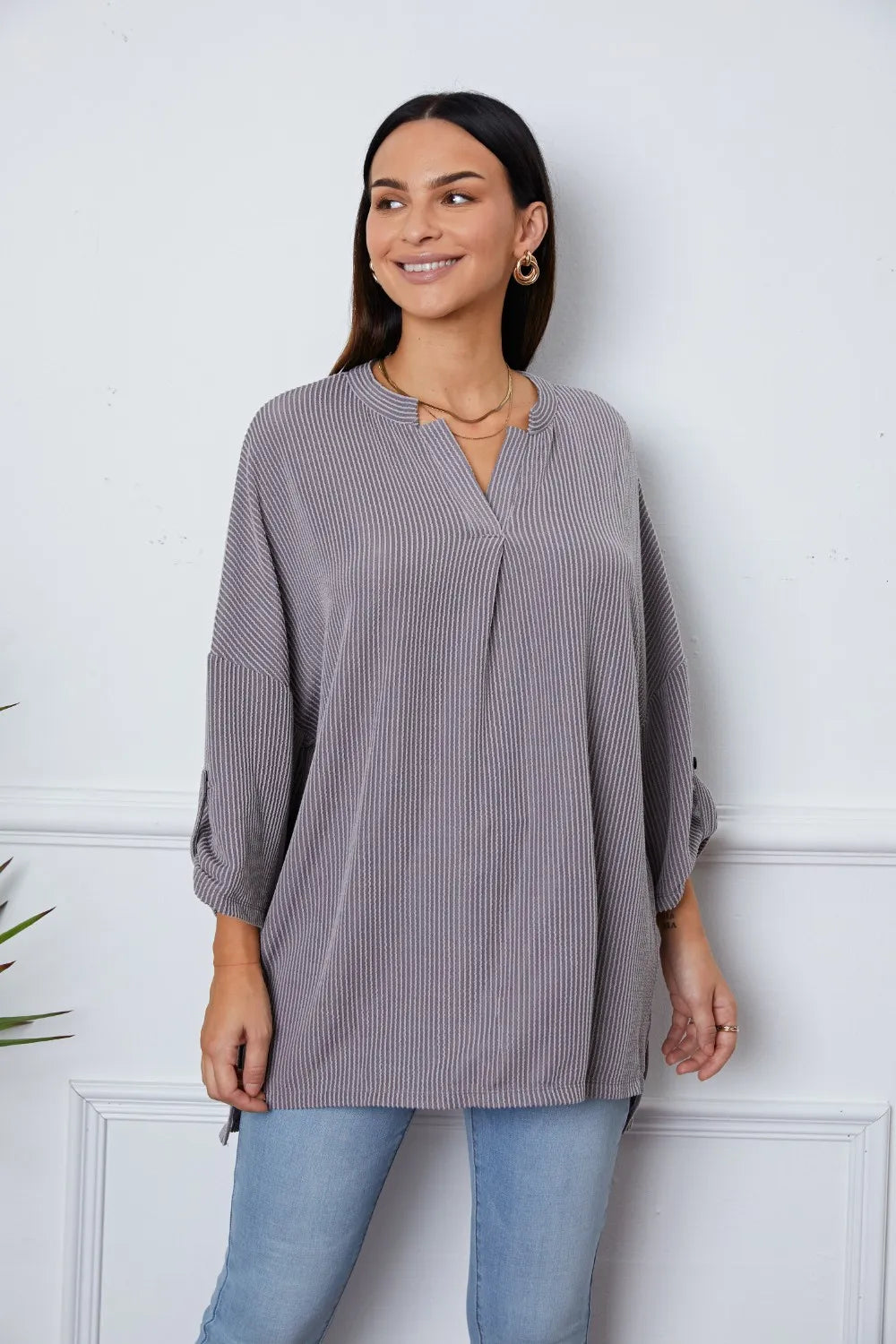 Notched Roll-Tab Sleeve Blouse Stripe