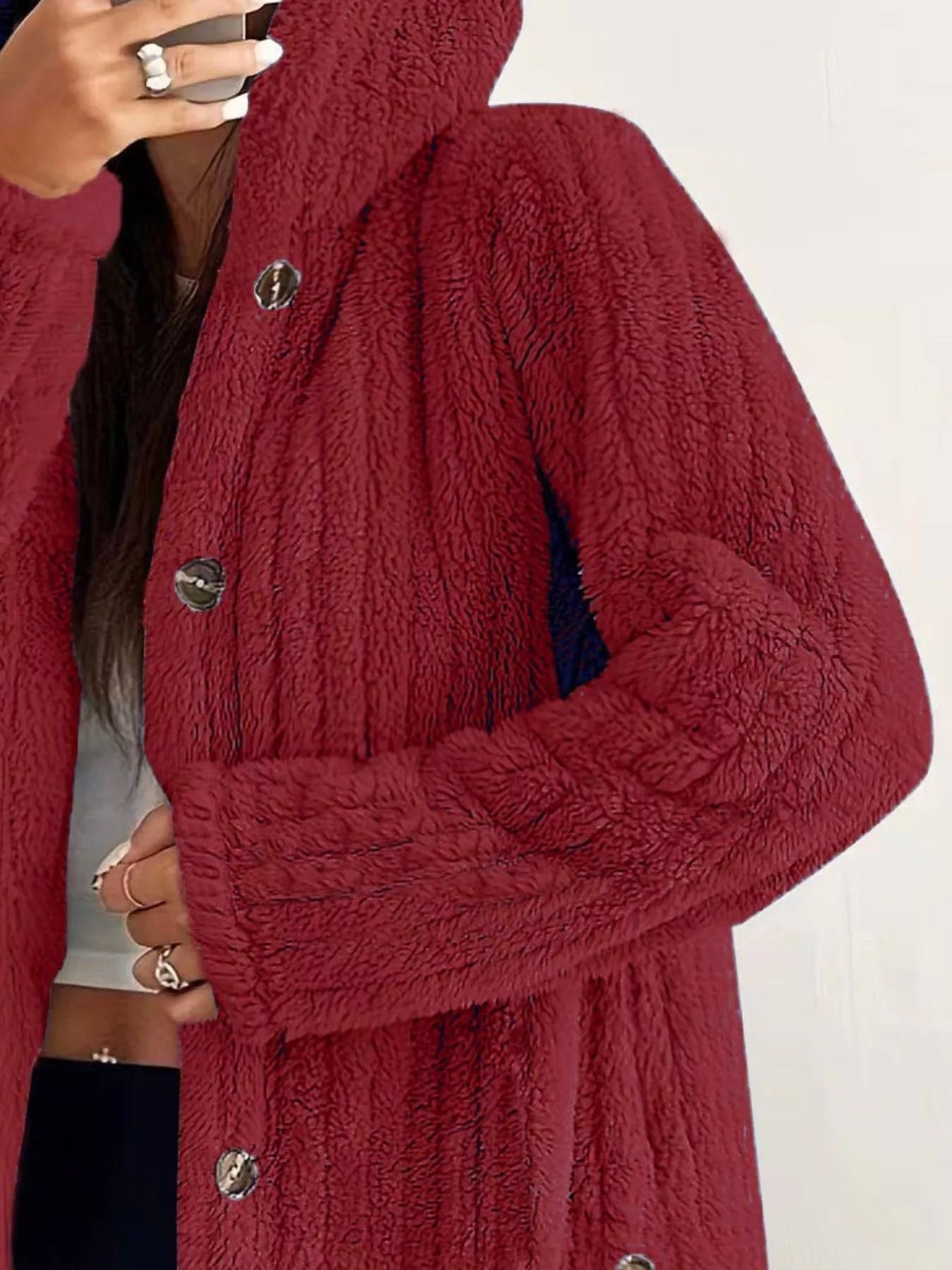 Full Size Fleece Button Up Hooded Outerwear Plus Size