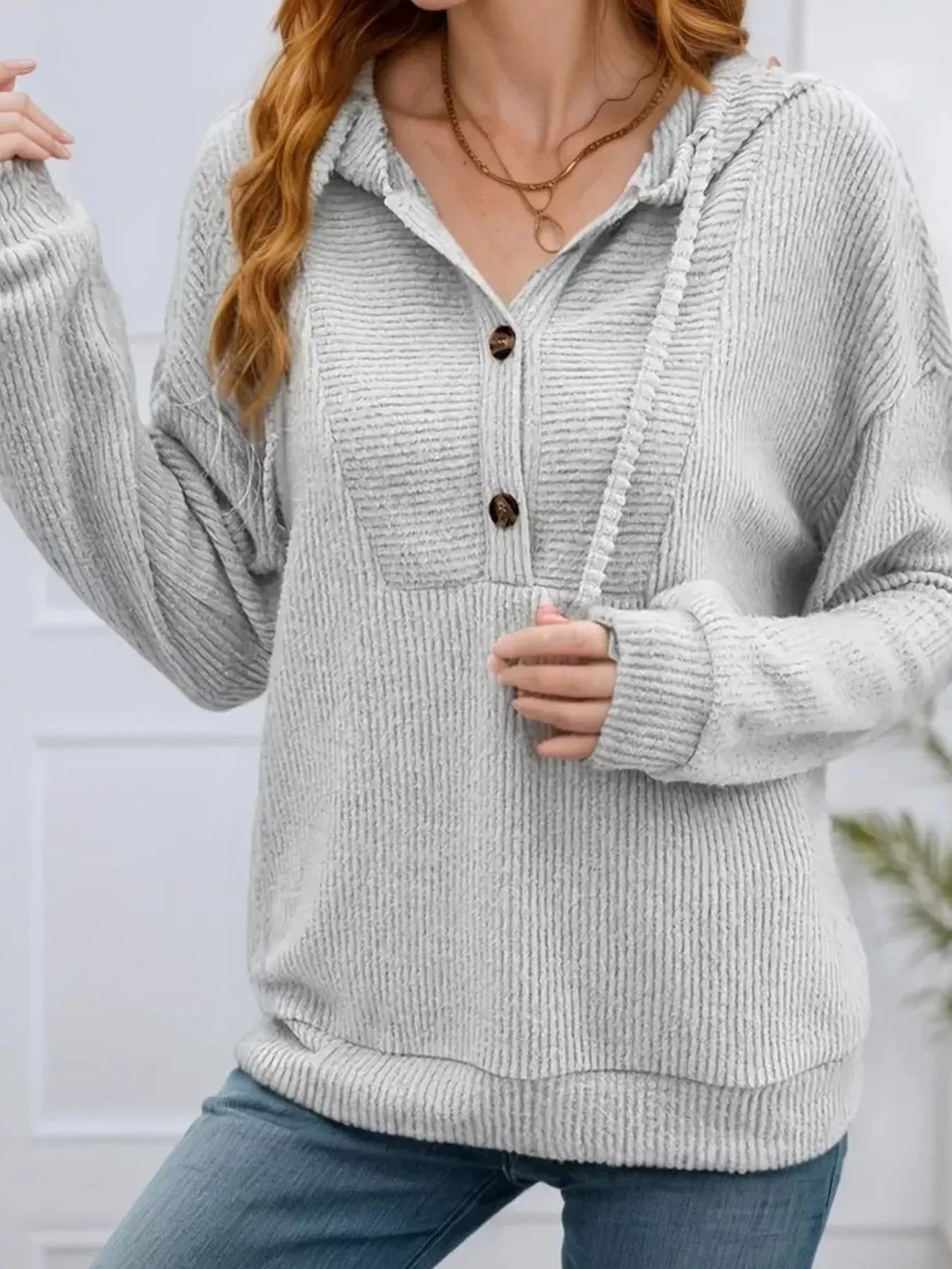Button-Front Drawstring Hoodie