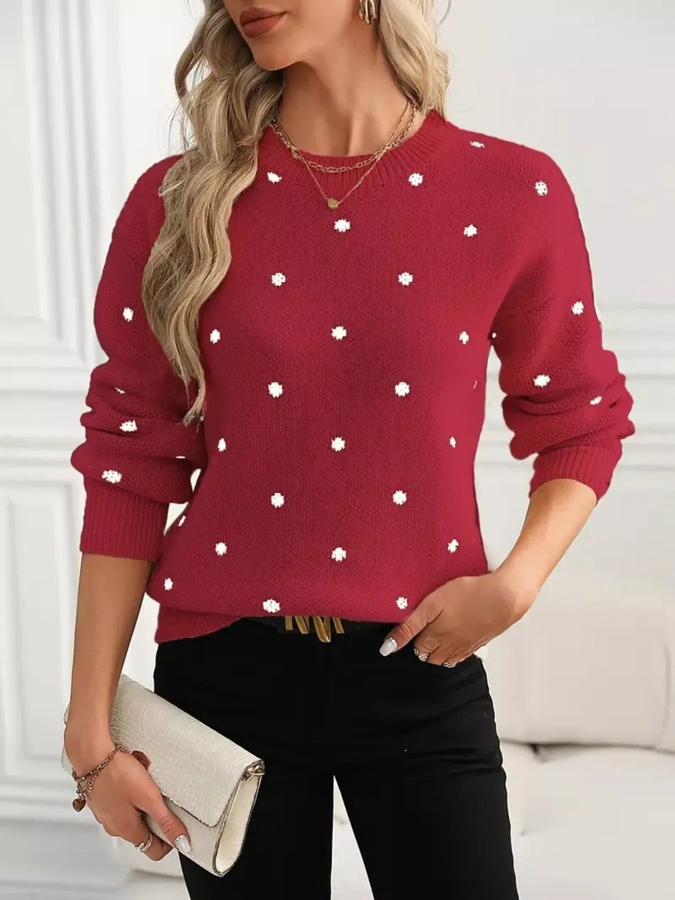 Polka Dot Round Neck Sweater Red