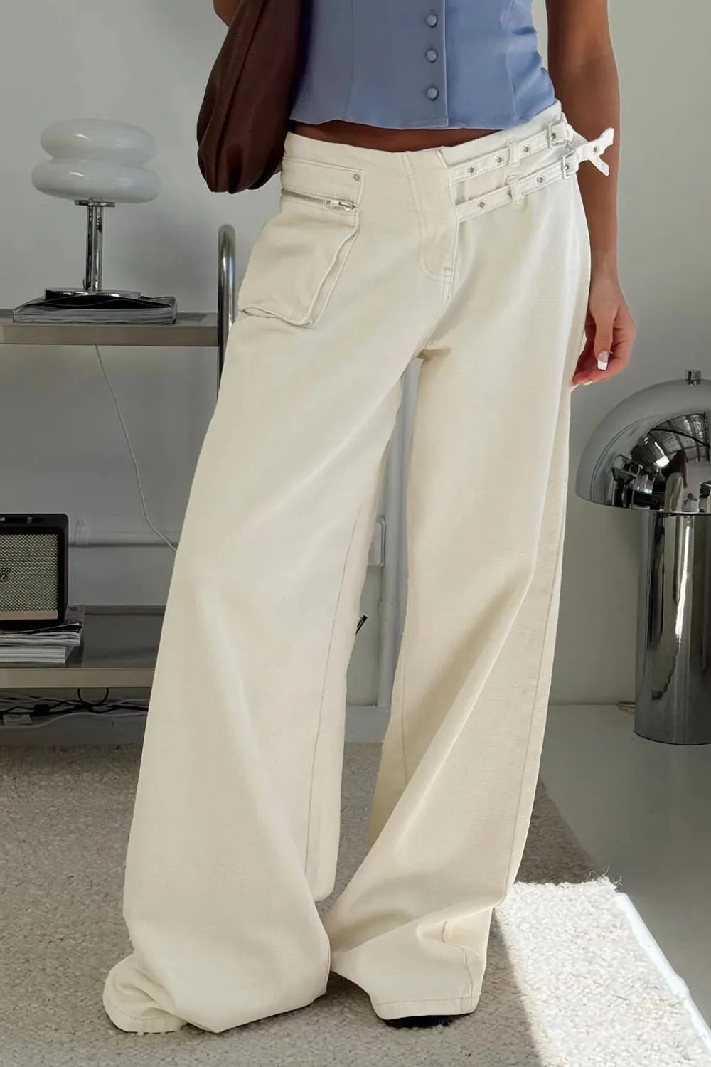 Wide Leg Jeans with Pockets Cream