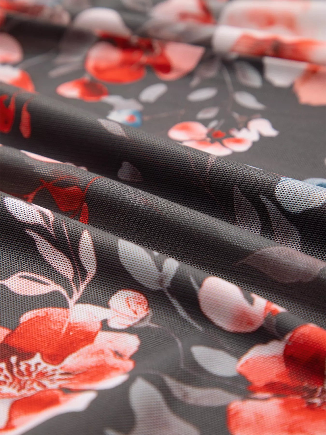 Frilly Smocked Bodice Floral Mesh Long Sleeve Mini Dress