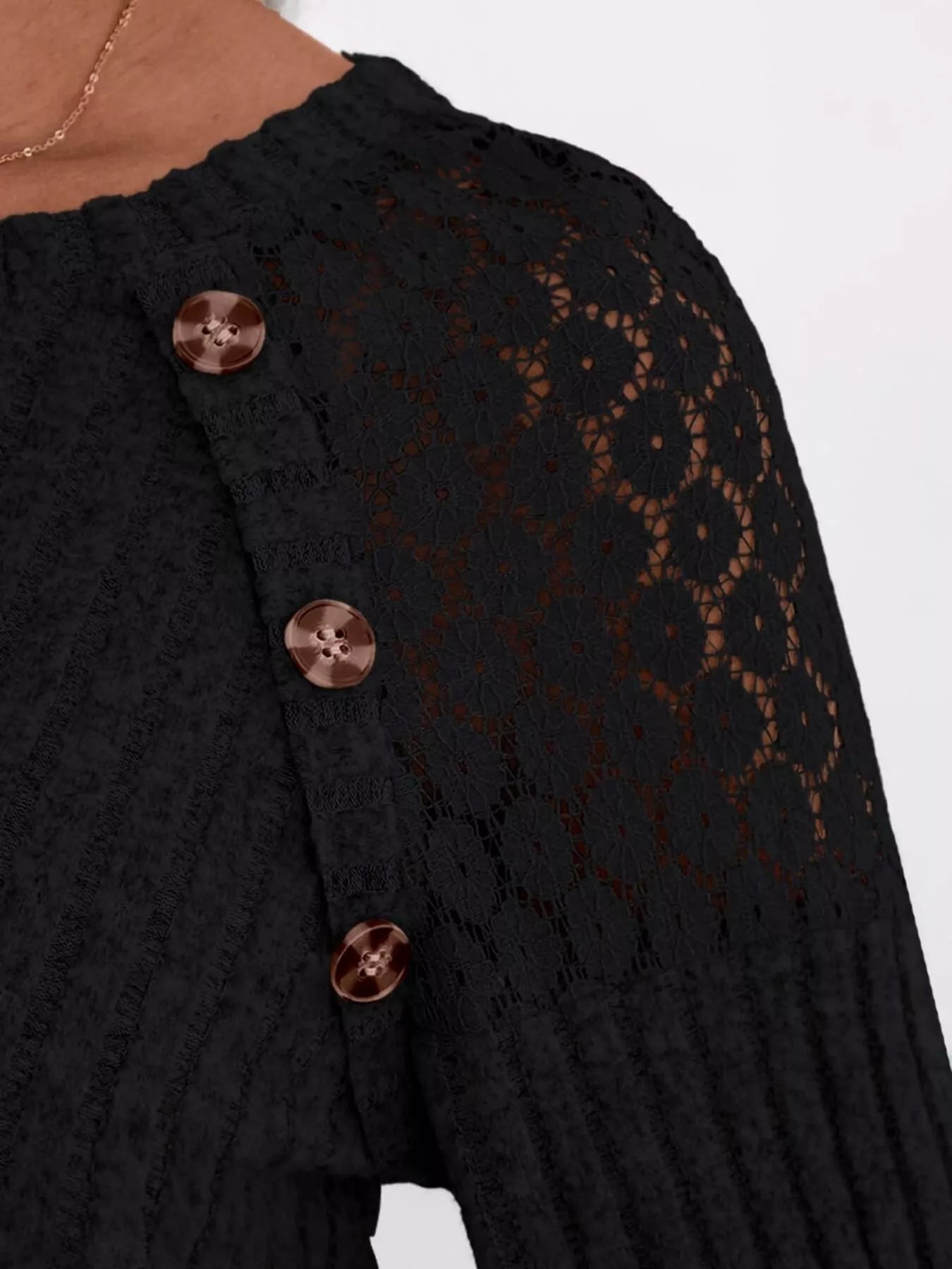 Ribbed Knit T-Shirt with Lace Shoulder Detail