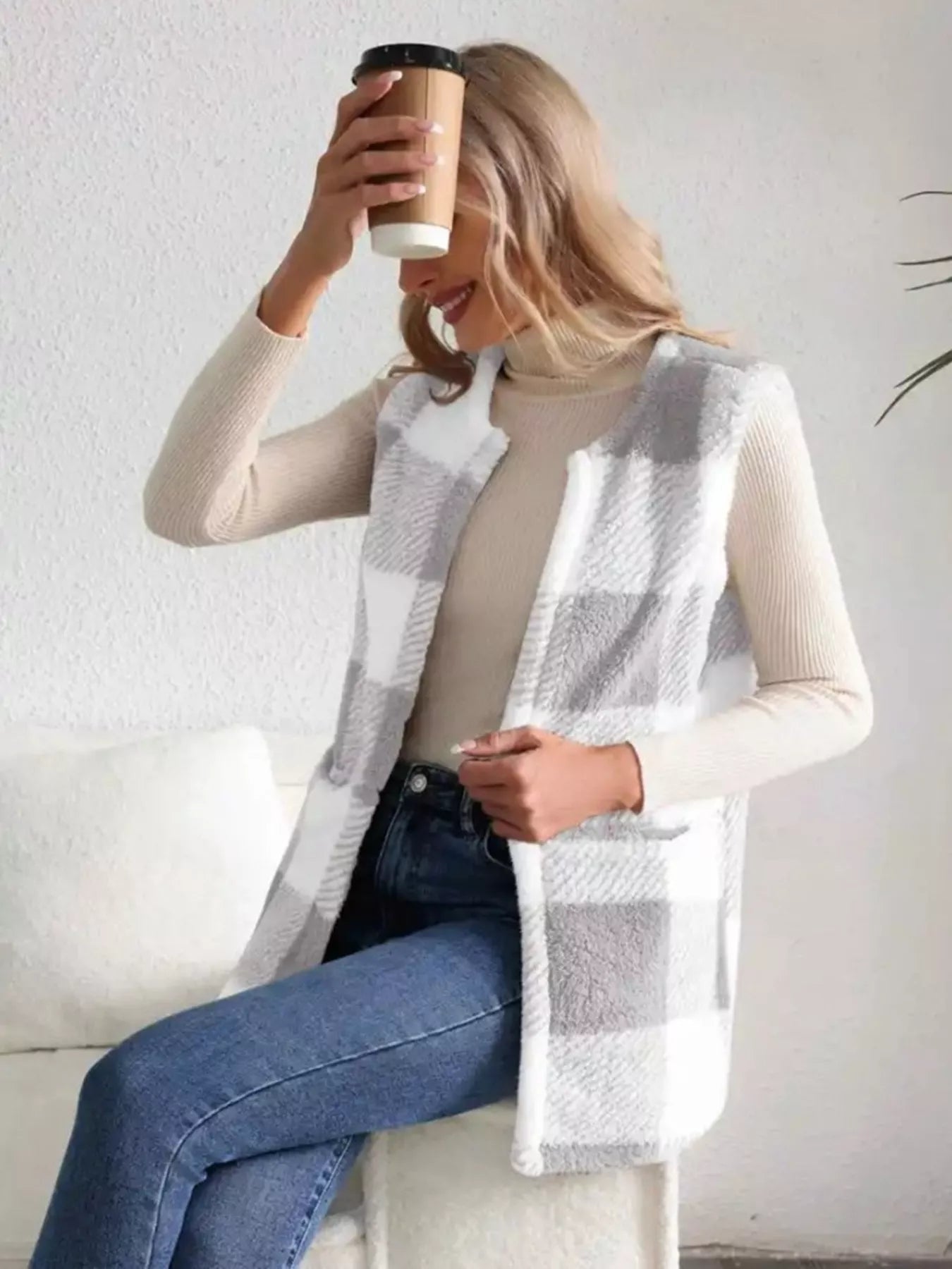 Cozy Plaid Sherpa Vest Coat