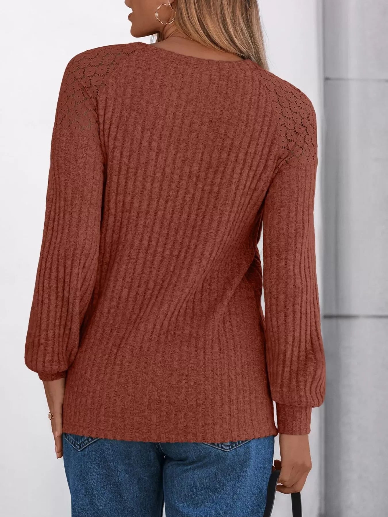 Ribbed Knit T-Shirt with Lace Shoulder Detail