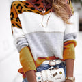 Full Size Leopard Color Block Long Sleeve Sweater Plus Size Yellow