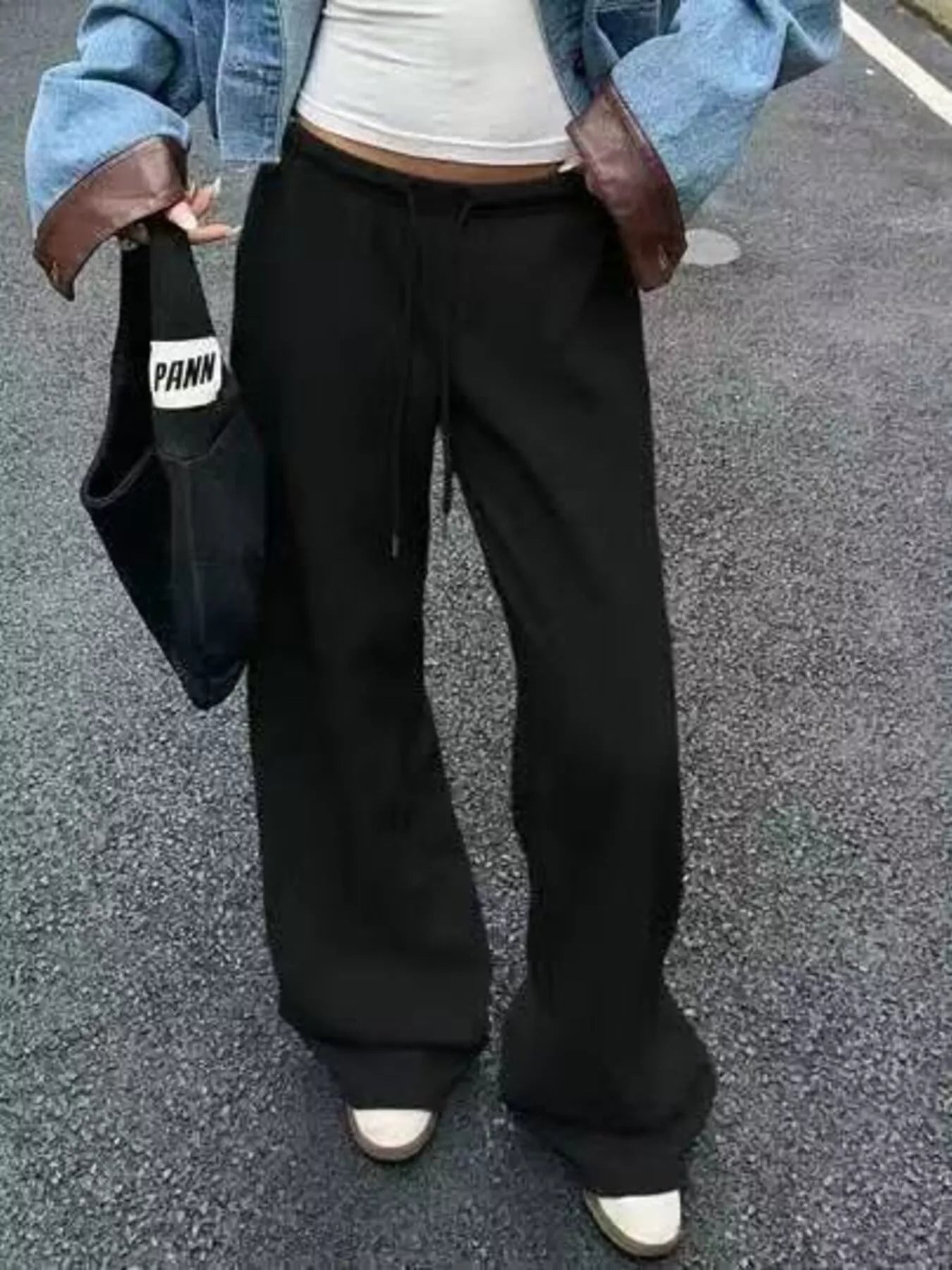 Wide Leg Drawstring Sweatpants Black