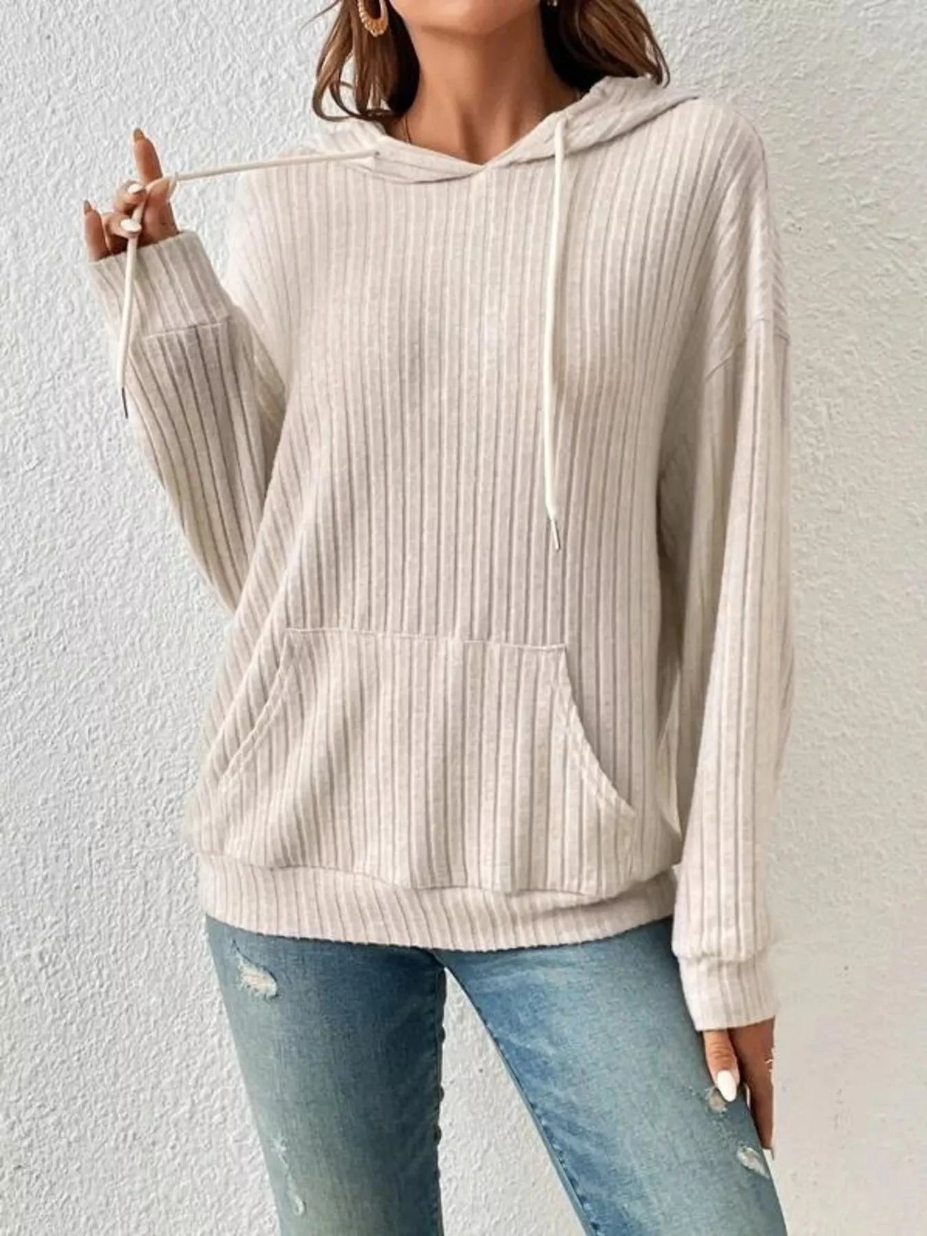 Ribbed Knit Long Sleeve Hoodie Off-white