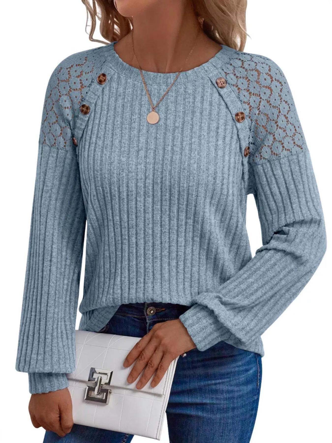 Ribbed Knit T-Shirt with Lace Shoulder Detail