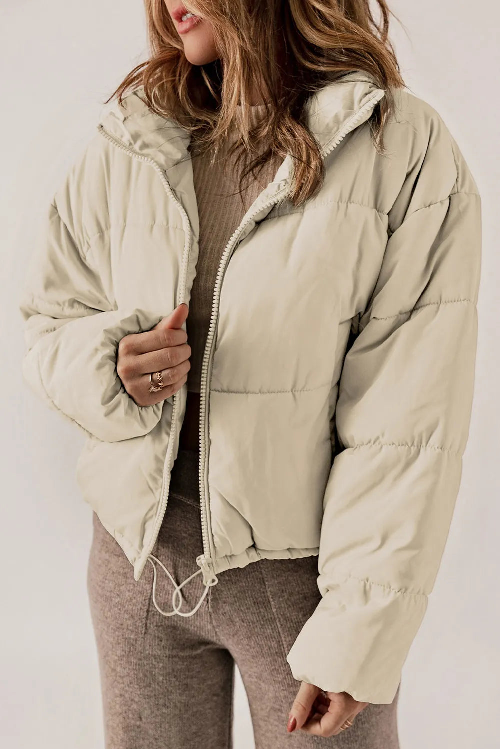 Zip Up Collared Neck Long Sleeve Winter Coat Cream