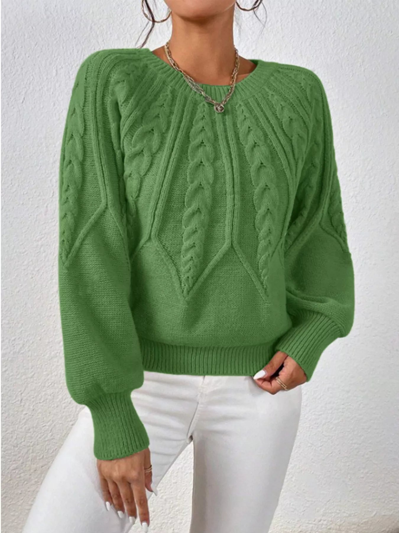 Cable Knit Long Sleeve Sweater Olive Green