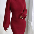 Turtleneck Ribbed Knit Sweater Dress Wine Red