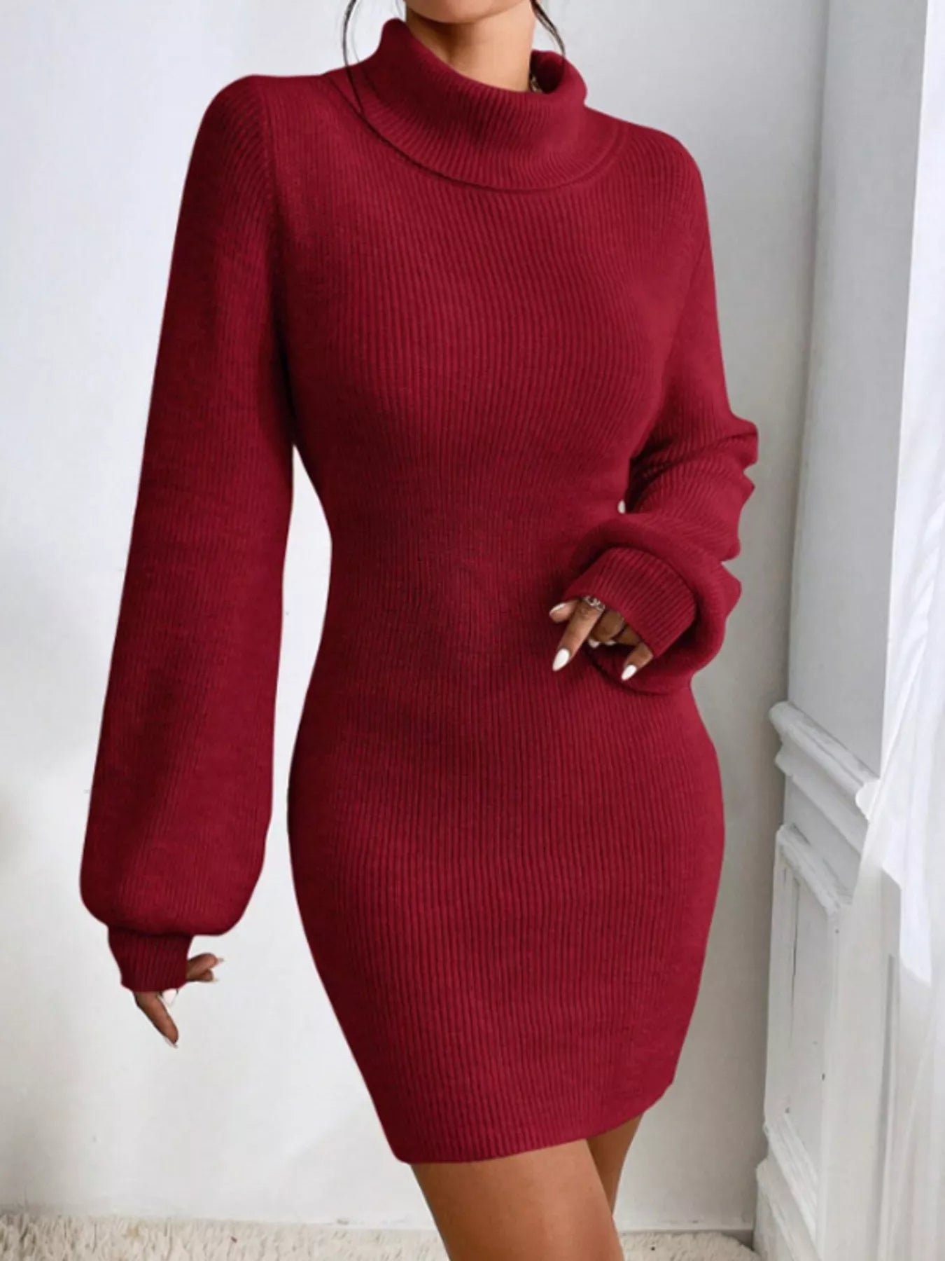 Turtleneck Ribbed Knit Sweater Dress Wine Red