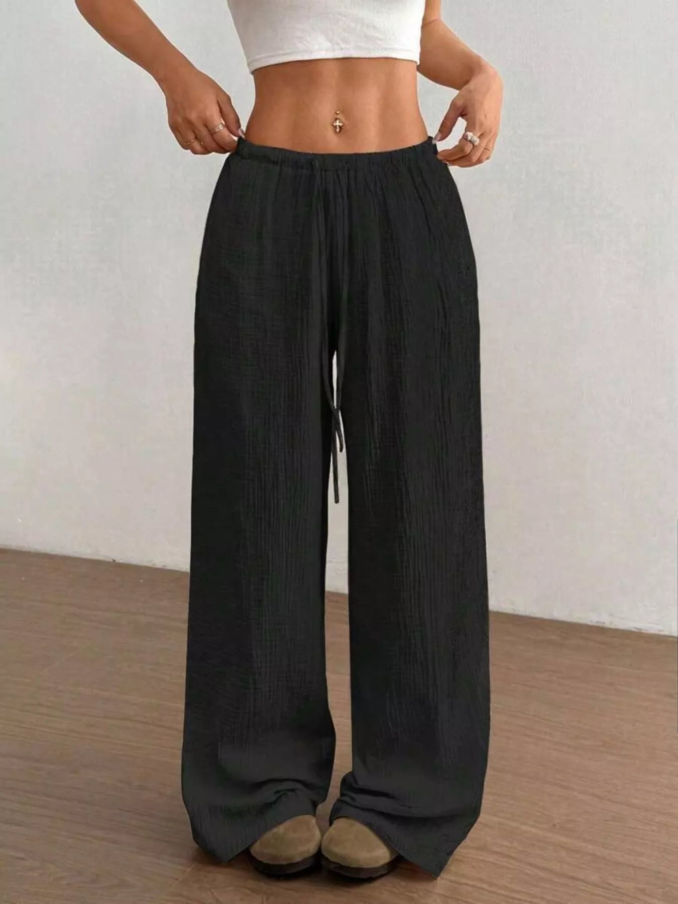 Full Size Drawstring Wide Leg Pants Plus Size Black