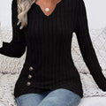 Ribbed Knit Notched Long Sleeve Top